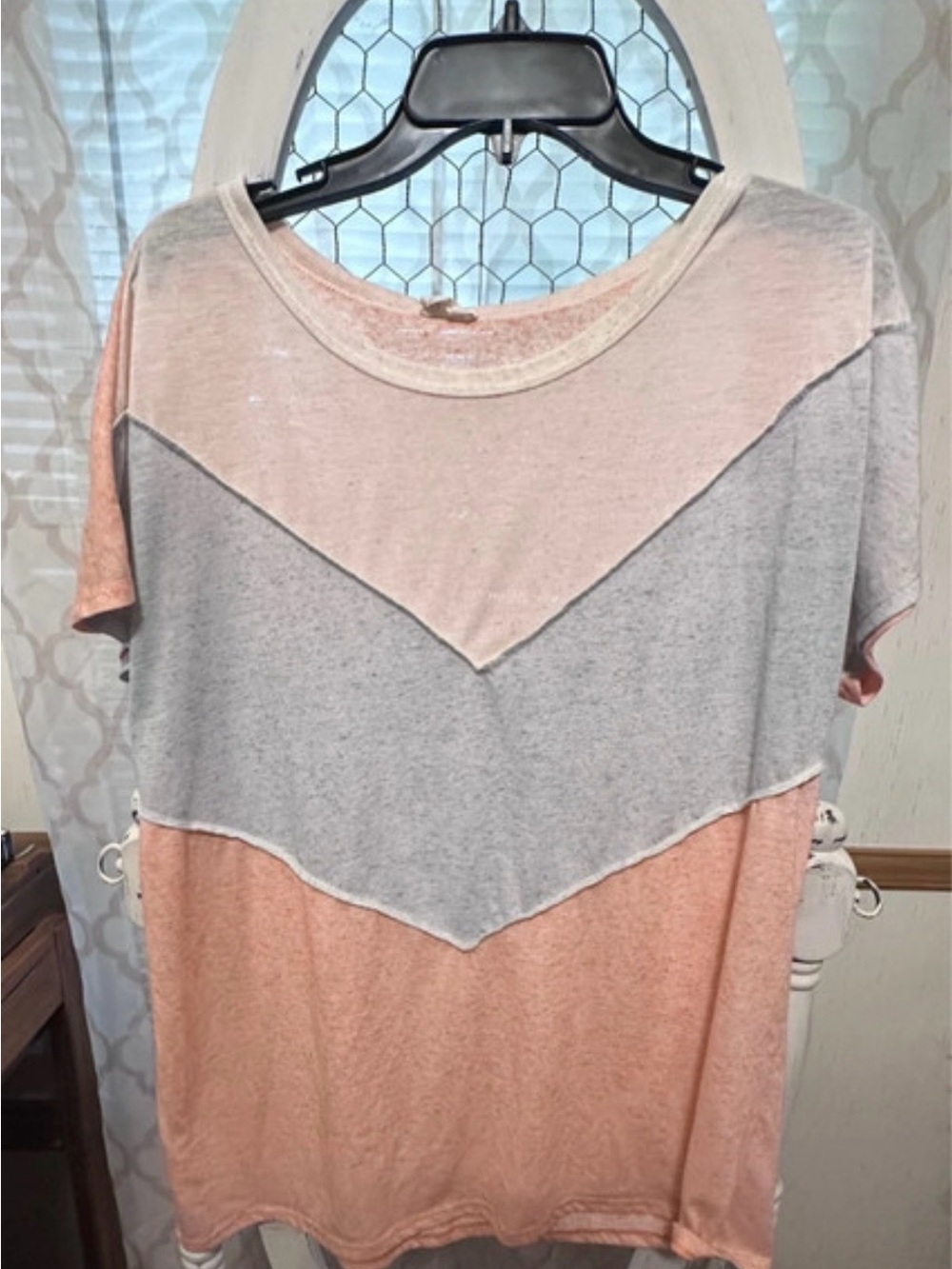 Lovely Melody Peach and Light Gray Chevron Colorblock Short Sleeve Tee
